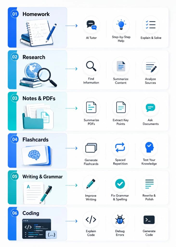 Infographic mapping six student tasks — homework, research, notes and PDFs, flashcards, writing and grammar, and coding — to AI tool capabilities
