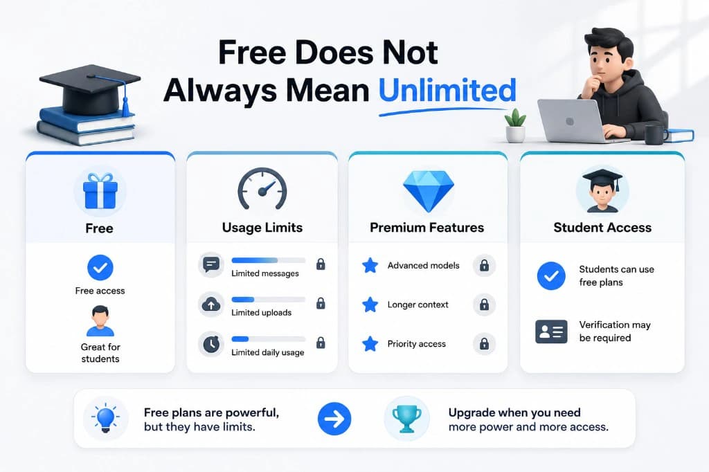 Infographic titled Free Does Not Always Mean Unlimited, comparing free access, usage limits, locked premium features, and student verification