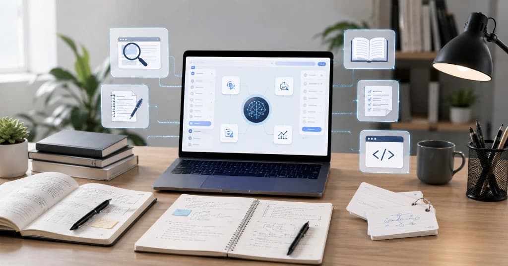 A student's desk with a laptop showing different AI tool icons organized by study task